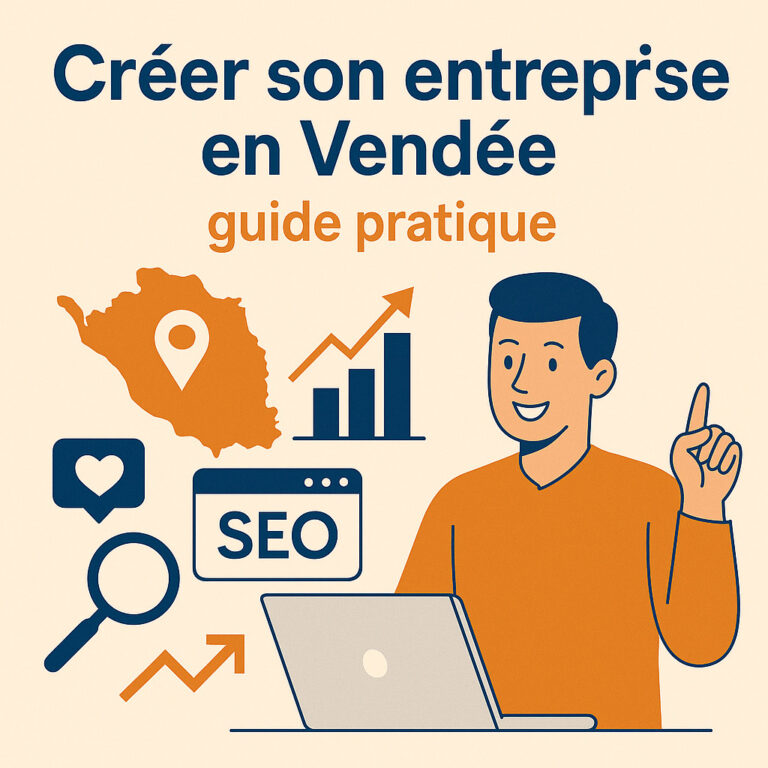Illustration sur la création d'entreprise en Vendée avec un entrepreneur travaillant sur ordinateur, SEO et croissance.